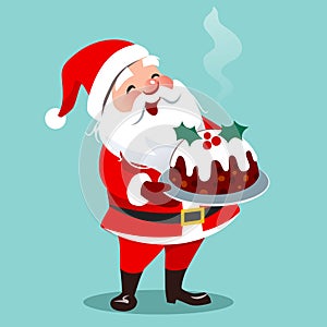 Vector cartoon illustration of happy Santa Claus standing holding traditional English Christmas fruit cake on a platter, isolated