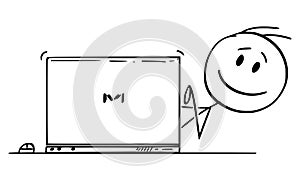 Vector Cartoon Illustration of Happy Smiling Man, Businessman or Office Worker Typing on Computer and Looking From