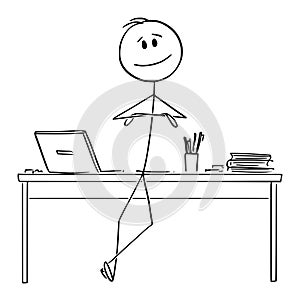 Vector Cartoon Illustration of Happy, Successful Confident Man or Businessman Leaning Towards Office Desk With Arms