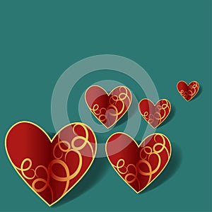 Vector cartoon illustration of Happy Valentines Day card, typography. Heard shape red object on green background with hand drawn