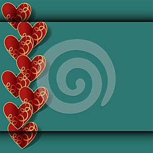 Vector cartoon illustration of Happy Valentines Day card, typography. Heard shape red object on green background with hand drawn