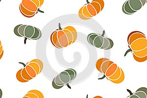 Vector cartoon illustration, hello autumn. Seamless pattern with cozy orange pumpkins, green pumpkin leaves. Thanksgiving day