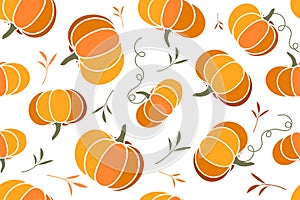 Vector cartoon illustration, hello autumn. Seamless pattern with cozy orange pumpkins, green pumpkin leaves. Thanksgiving day