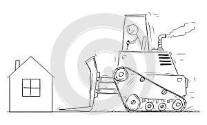 Vector Cartoon Illustration of House Owner Looking Shocked at Bulldozer Moving To Demolish His Small Family House