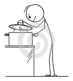 Vector Cartoon Illustration of Hungry Curious Man or Cook Looking on Hot Food Inside of Cooking Pot