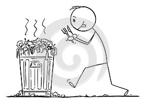 Vector Cartoon Illustration of Hungry Man With Fork and Knife is Going to Eat Junk Food From Garbage Can