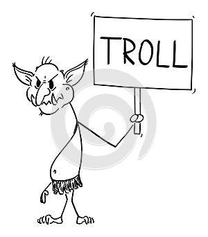 Vector Cartoon Illustration of Internet Troll, Virtual Hater Assaulting Other Users in Flame Wars Holding Sign photo