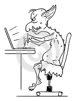 Vector Cartoon Illustration of Internet Troll, Virtual Hater Assaulting Other Users in Flame Wars Typing on Computer photo