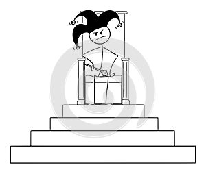 Vector Cartoon Illustration of Jester or Fool Sitting on Throne of King