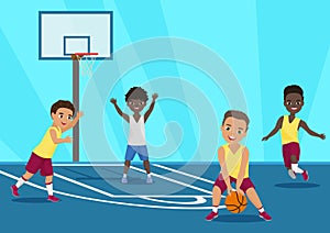 Vector cartoon Illustration of kids playing basketball in schoool.