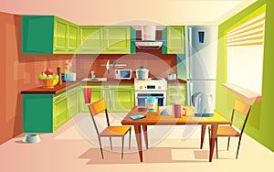 Vector cartoon illustration of kitchen interior photo