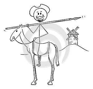 Vector Cartoon Illustration of Knight on Horse - Don Quijote, Character From The Ingenious Gentleman Sir Quixote of La