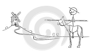 Vector Cartoon Illustration of Knight on Horse - Don Quijote, Character From The Ingenious Gentleman Sir Quixote of La