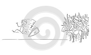 Vector Cartoon Illustration of Knight or Soldier Running Away in Panic or Fear From Army or Group of Ancient or Medieval