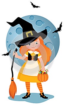 Vector cartoon illustration of a little girl in a Halloween part