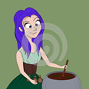 Vector cartoon illustration of little witch girl stir potion