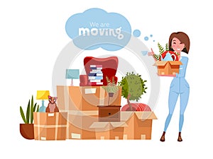 Vector cartoon illustration of loader mover woman in uniform carrying box. Pile of stacked cardboard boxes with stuff. Concept for