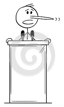 Vector Cartoon Illustration of Lying Politician with Long Nose Speaking Behind Lectern on Podium