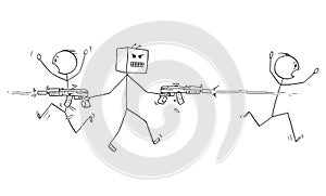 Vector Cartoon Illustration of Mad Robot Shooting Weapons and Killing People. Artificial Intelligence Uprising