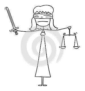 Vector Cartoon Illustration of Madam or Lady Justice, Blindfolded Woman with Sword and Balance Scales