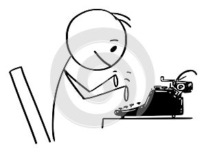 Vector Cartoon Illustration of Man, Author, Journalist or Novelist Typing on Antique Typewriter Machine