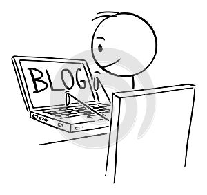 Vector Cartoon Illustration of Man or Blogger Typing or Writing Blog on Computer