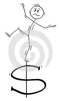 Vector Cartoon Illustration of Man or Businessman balancing on Unstable and Volatile Dollar Currency Symbol.