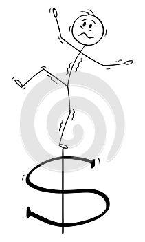 Vector Cartoon Illustration of Man or Businessman balancing on Unstable and Volatile Dollar Currency Symbol. photo