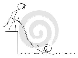 Vector Cartoon Illustration of Man or businessman Drowning in Water, Another Man is Helping Him, Giving Him Rope.