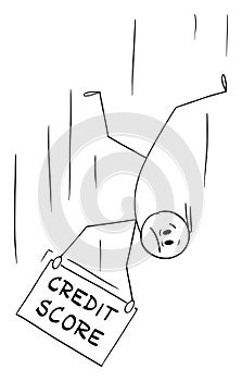 Vector Cartoon Illustration of Man or Businessman Falling Down and Holding Credit Score Sign