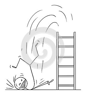 Vector Cartoon Illustration of Man or Businessman Falling Hard from Ladder. Concept of Business Failure