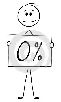 Vector Cartoon Illustration of Man or Businessman Holding 0 or Zero Percent Sign