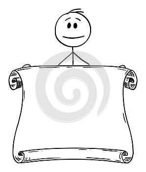 Vector Cartoon Illustration of Man or Businessman Holding Empty Scroll or Sheet of Paper