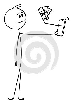 Vector Cartoon Illustration of Man or Businessman Holding Mobile Phone, Hand Sticking Out Of The Device Is Giving Him