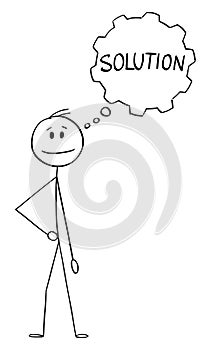Vector Cartoon Illustration of Man or Businessman or Innovator With Thinking Bubble or Balloon in Shape of Cog Wheel. He