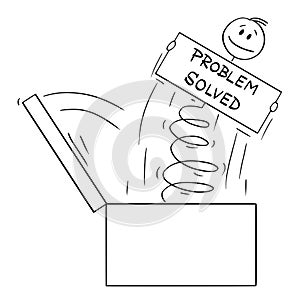Vector Cartoon Illustration of Man or Businessman Jumping Out of the Box on Spring With Problem Solved Sign