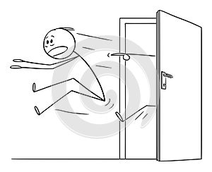 Vector Cartoon Illustration of Man or Businessman Kicked Out of the Door