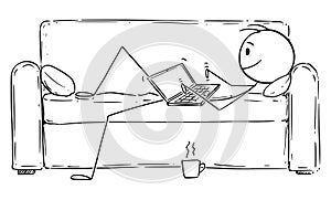 Vector Cartoon Illustration of Man or Businessman Lying on Couch or Sofa and Working or Typing on Computer. Concept of