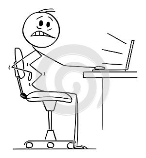 Vector Cartoon Illustration of Man or Businessman or Office Worker Suffering Pain in Back While Working on Computer