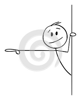 Vector Cartoon Illustration of Man or Businessman Peeping Out From Behind Wall and Showing or Pointing Finger at