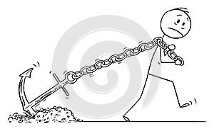 Vector Cartoon Illustration of Man or Businessman Pulling or Dragging Big Anchor as Life Problem Metaphor