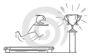 Vector Cartoon Illustration of Man or Businessman Running on the Treadmill for the Trophy. Concept of Hopeless Effort