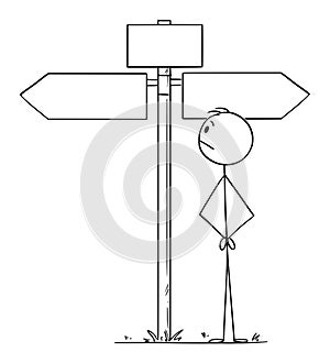 Vector Cartoon Illustration of Man or Businessman Standing on the Crossroad and Watching Empty Arrow Sign Pointing Left