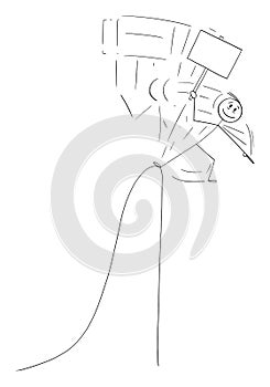 Vector Cartoon Illustration of Man or Businessman Standing on Top of the Hill with Empty Sign and Pointing Forward, But