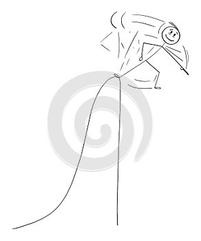 Vector Cartoon Illustration of Man or Businessman Standing on Top of the Hill and Pointing Forward, But Falling Down