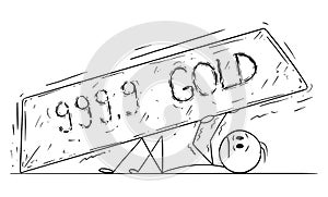 Vector Cartoon Illustration of Man, Businessman or Stock Market Investor Crushed Under Gold Bar or Ingot