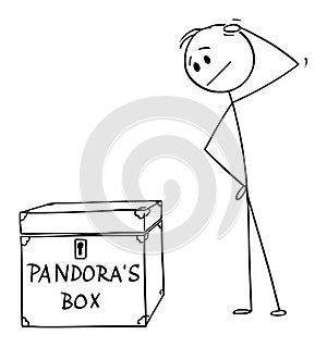 Vector Cartoon Illustration of Man or Businessman Thinking About Risk and Opportunity to Open Pandora`s Box