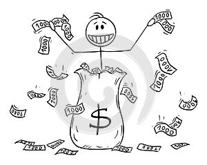 Vector Cartoon Illustration of Man or Businessman Throwing Dollar Cash Banknotes Around From the Big Money Bag