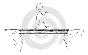 Vector Cartoon Illustration of Man or Businessman Walking and Crossing the Bridge