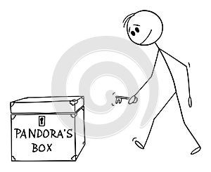 Vector Cartoon Illustration of Man or Businessman Walking With Key to Open Pandora`s Box